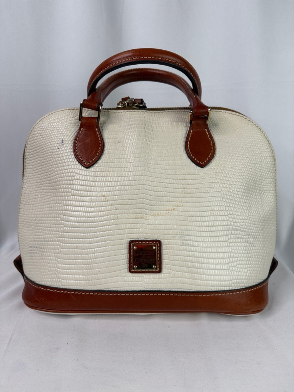 Dooney & Bourke Cream Pebbled Satchel with Brown Trim